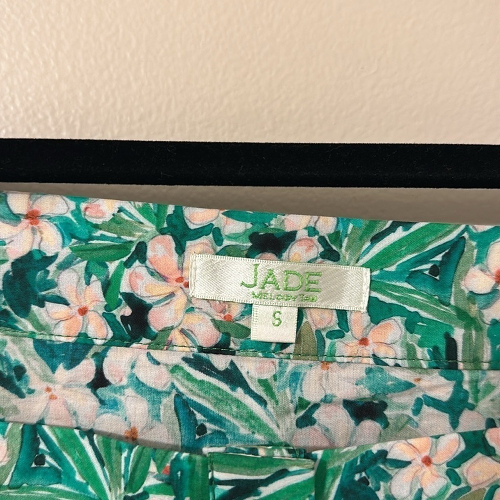 Jade Womens Green Floral Print Puff Sleeve Linen Blend Top Sz Small Preppy Chic - Picture 4 of 7